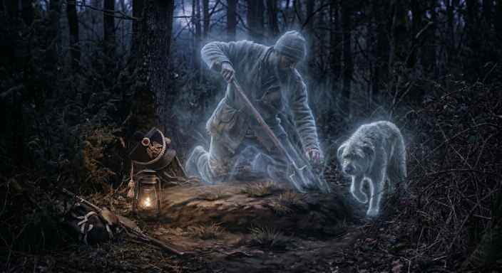 Geisterschäfer mit Schippe und Hund